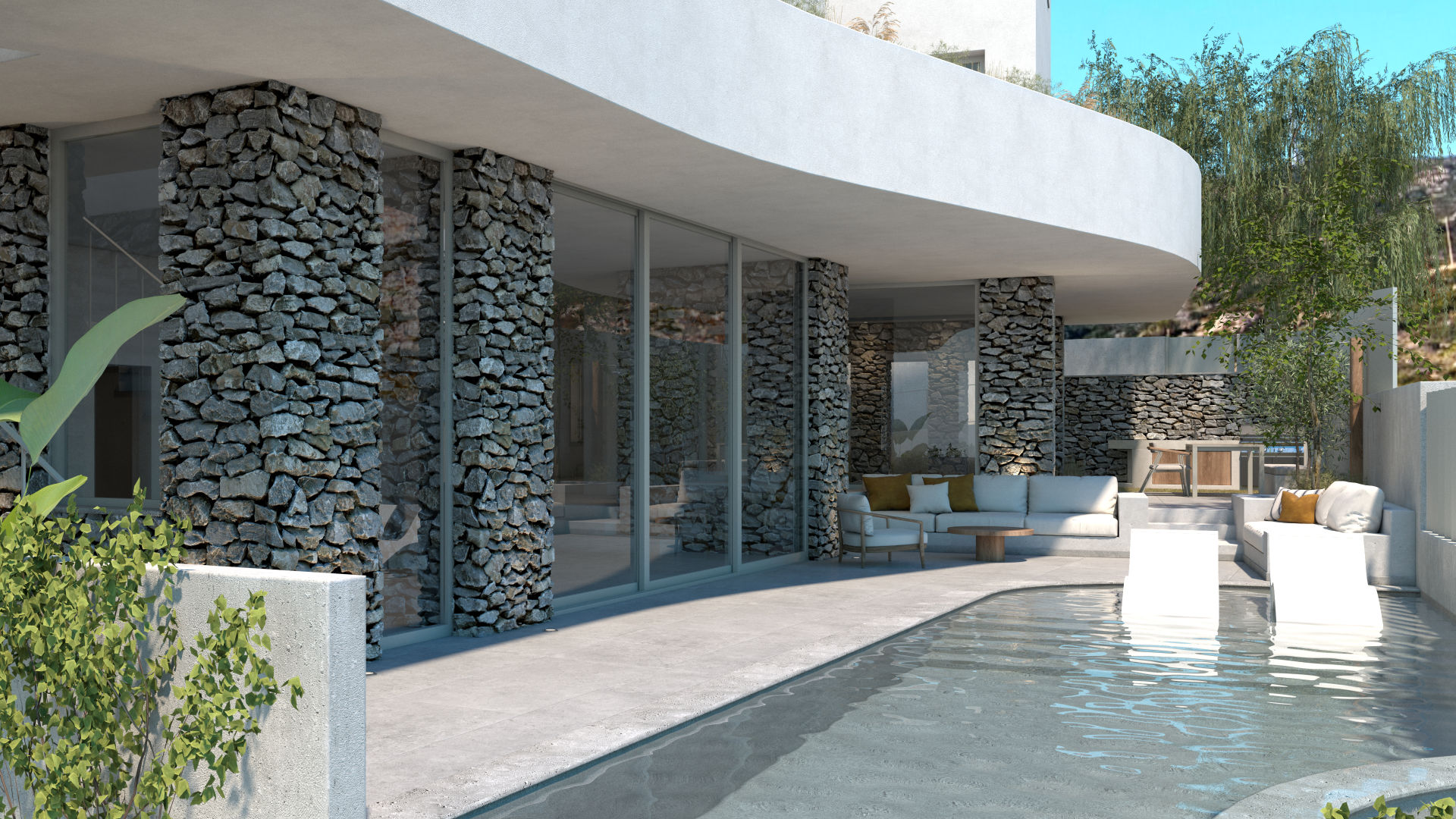 Ground Up residence,outdoor space,facade,stone, pool