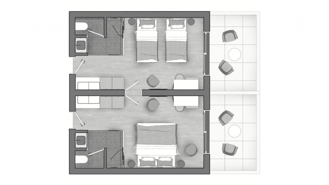 City hotel room, floor plan. Δωμάτιο αστικού ξενοδοχείου με δυνατότητα συνένωσης, κάτοψη.